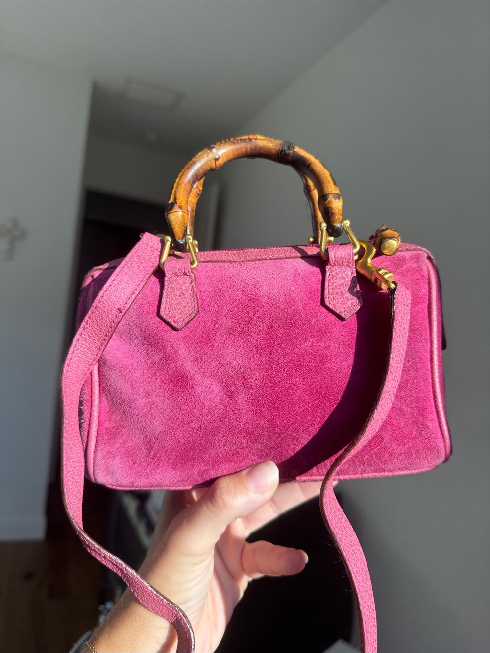 Gucci Vintage Bamboo Mini Top Handle Bag – Rare Fuchsia Pink Suede & Leather